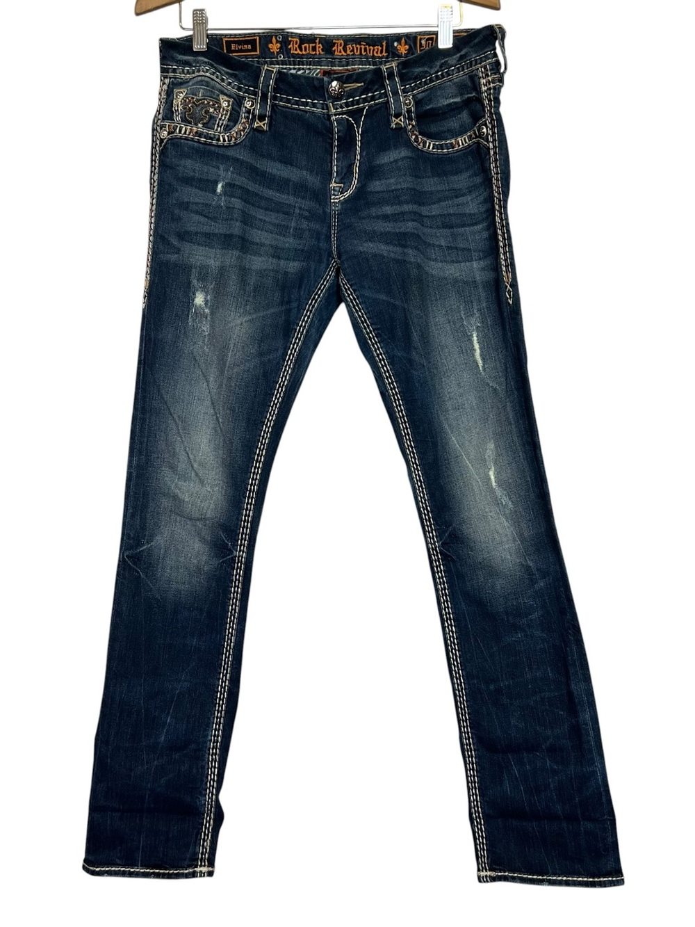 Rock Revival Women’s Size 30 Dark Wash Elvina Straight Leg Distressed Jeans